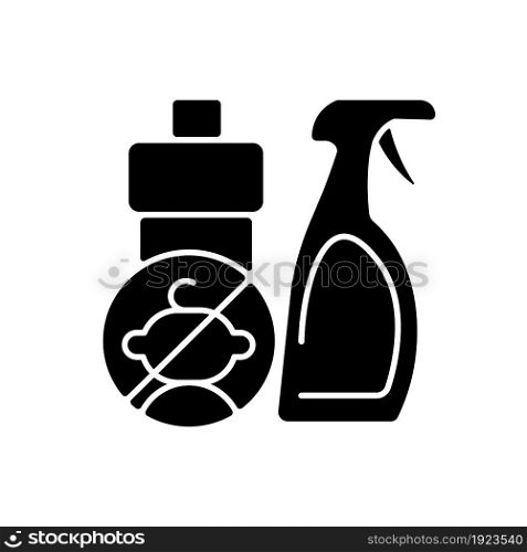 No access to cleaning materials black glyph icon. Keep children away from chemical liquids. Child safety at home. Poisoning prevention. Silhouette symbol on white space. Vector isolated illustration. No access to cleaning materials black glyph icon