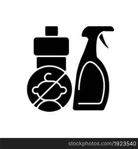 No access to cleaning materials black glyph icon. Keep children away from chemical liquids. Child safety at home. Poisoning prevention. Silhouette symbol on white space. Vector isolated illustration. No access to cleaning materials black glyph icon