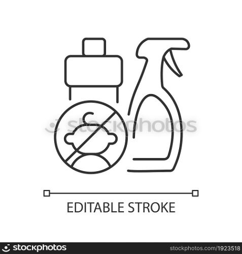 No access to cleaning materials linear icon. Child safety at home. Poisoning prevention. Thin line customizable illustration. Contour symbol. Vector isolated outline drawing. Editable stroke. No access to cleaning materials linear icon