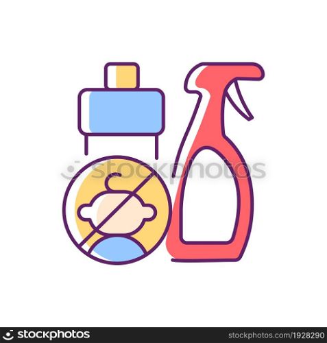 No access to cleaning materials RGB color icon. Keep children away from chemical liquids. Child safety at home. Poisoning prevention. Isolated vector illustration. Simple filled line drawing. No access to cleaning materials RGB color icon