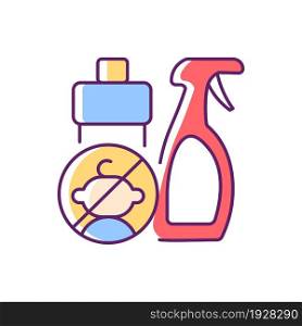 No access to cleaning materials RGB color icon. Keep children away from chemical liquids. Child safety at home. Poisoning prevention. Isolated vector illustration. Simple filled line drawing. No access to cleaning materials RGB color icon