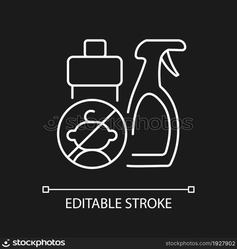 No access to cleaning materials white linear icon for dark theme. Poisoning prevention. Thin line customizable illustration. Isolated vector contour symbol for night mode. Editable stroke. No access to cleaning materials white linear icon for dark theme