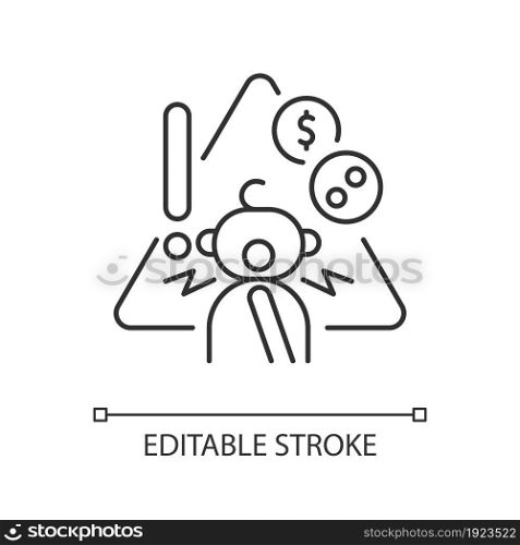 No access to coins, buttons and safety pins linear icon. Child safety at home. Baby security. Thin line customizable illustration. Contour symbol. Vector isolated outline drawing. Editable stroke. No access to coins, buttons and safety pins linear icon