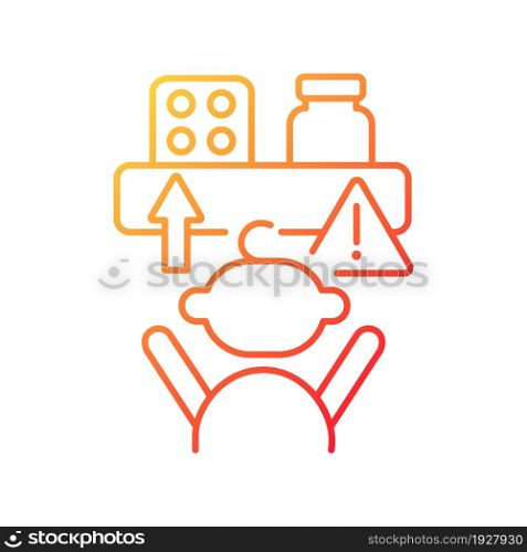 No access to medicine gradient linear vector icon. Medication poisoning prevention. Keep pills away from children. Thin line color symbol. Modern style pictogram. Vector isolated outline drawing. No access to medicine gradient linear vector icon