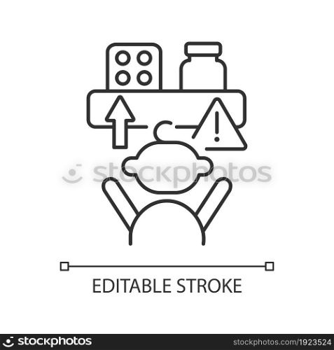 No access to medicine linear icon. Child security at home. Medication poisoning prevention. Thin line customizable illustration. Contour symbol. Vector isolated outline drawing. Editable stroke. No access to medicine linear icon