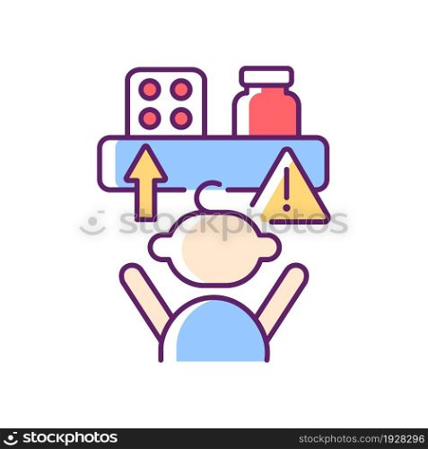 No access to medicine RGB color icon. Child security at home. Medication poisoning prevention. Keep pills away from children. Isolated vector illustration. Simple filled line drawing. No access to medicine RGB color icon