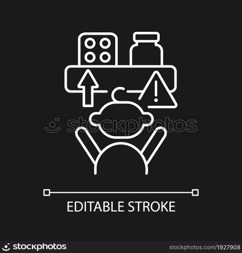No access to medicine white linear icon for dark theme. Keep pills away from children. Thin line customizable illustration. Isolated vector contour symbol for night mode. Editable stroke. No access to medicine white linear icon for dark theme