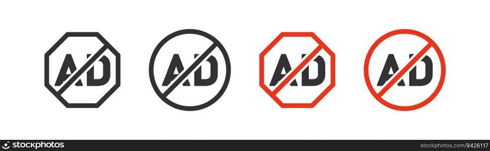 No ads, forbidden icon on light background. Ad blocker symbol. Skip ads, free, advertisement, use for apps, red crossed circle. Flat and colored style. Flat design. Vector illustration. No ads, forbidden icon on light background. Ad blocker symbol. Skip ads, free, advertisement, use for apps, red crossed circle. Flat and colored style. Flat design. 