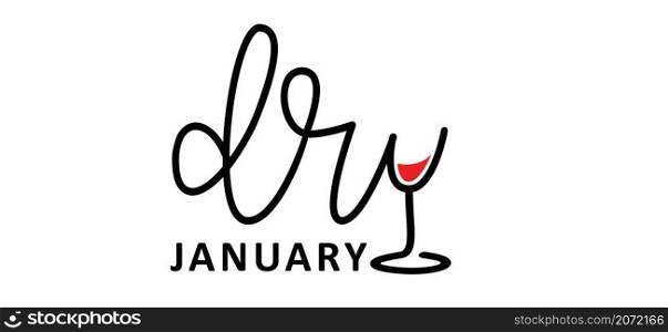 No alcohol during in janyari. Slogan dry january. Alcohol free month. Stop drinking or alcohols. Vector wine glass icon. Line pattern.