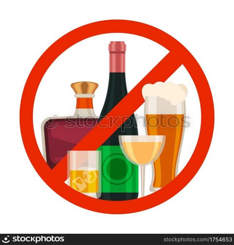 No alcohol icon. Alcoholic drink prohibition sign with cartoon beer glass, wine and whiskey bottle in red. Ban beverage vector symbol. Illustration no alcohol drink, prohibited and forbidden beverage. No alcohol icon. Alcoholic drink prohibition sign with cartoon beer glass, wine and whiskey bottle in red circle. Ban beverage vector symbol