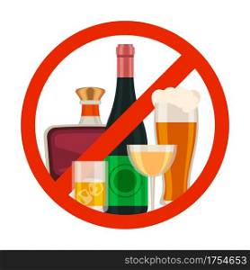 No alcohol icon. Alcoholic drink prohibition sign with cartoon beer glass, wine and whiskey bottle in red. Ban beverage vector symbol. Illustration no alcohol drink, prohibited and forbidden beverage. No alcohol icon. Alcoholic drink prohibition sign with cartoon beer glass, wine and whiskey bottle in red circle. Ban beverage vector symbol