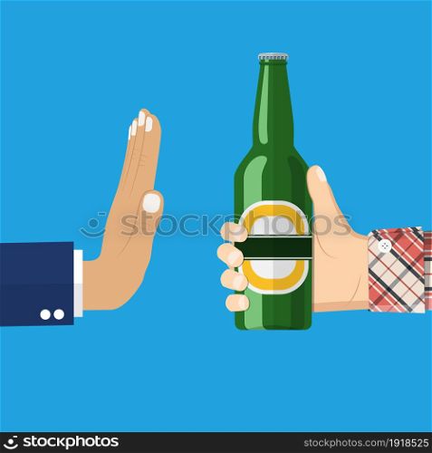 No alcohol. Man offers to drink holding a bottle of beer in hand. Stop alcohol. vector illustration in flat style. Man offers to drink