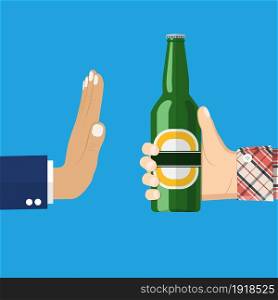 No alcohol. Man offers to drink holding a bottle of beer in hand. Stop alcohol. vector illustration in flat style. Man offers to drink