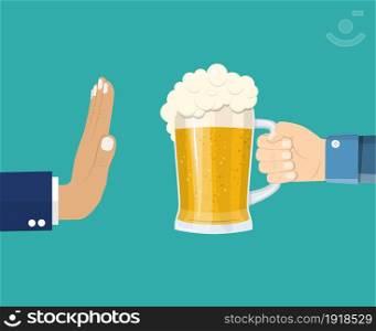No alcohol. Man offers to drink holding a Glass of beer in hand. Stop alcohol. vector illustration in flat style. Man offers to drink
