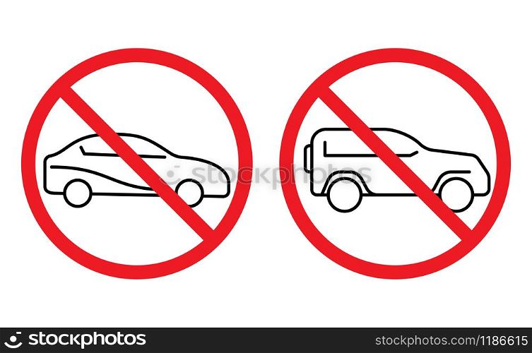 No auto icon. Thin line car vehicles sign with prohibition symbol. Vector eps 10 illustration