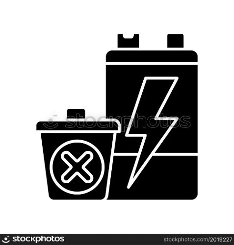 No battery disposal black glyph icon. Hazardous chemicals leak prevention. Electronic waste landfill prohibition. Reuse old accumulators. Silhouette symbol on white space. Vector isolated illustration. No battery disposal black glyph icon