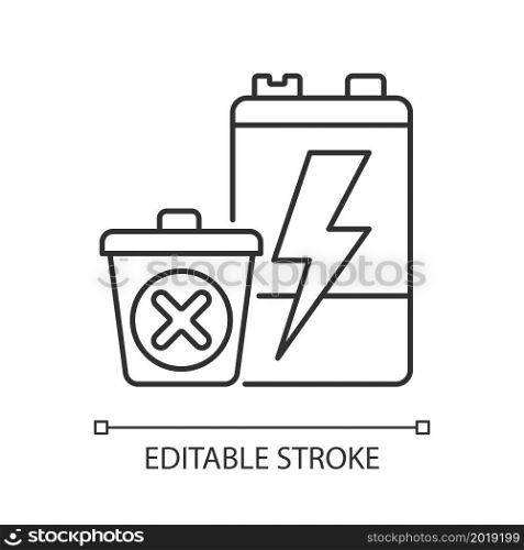 No battery disposal linear icon. Hazardous chemicals leak prevention. Reuse old accumulators. Thin line customizable illustration. Contour symbol. Vector isolated outline drawing. Editable stroke. No battery disposal linear icon