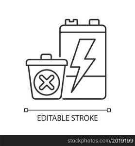 No battery disposal linear icon. Hazardous chemicals leak prevention. Reuse old accumulators. Thin line customizable illustration. Contour symbol. Vector isolated outline drawing. Editable stroke. No battery disposal linear icon