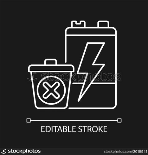 No battery disposal white linear icon for dark theme. Hazardous chemicals leak prevention. Thin line customizable illustration. Isolated vector contour symbol for night mode. Editable stroke. No battery disposal white linear icon for dark theme