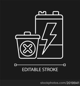 No battery disposal white linear icon for dark theme. Hazardous chemicals leak prevention. Thin line customizable illustration. Isolated vector contour symbol for night mode. Editable stroke. No battery disposal white linear icon for dark theme