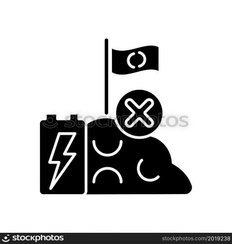 No battery landfills black glyph icon. Used cells wrong disposal way. Accumulator hazardous chemicals leak. Environment pollution. Silhouette symbol on white space. Vector isolated illustration. No battery landfills black glyph icon