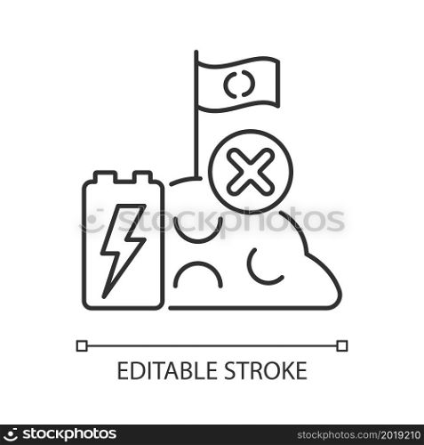 No battery landfills linear icon. Used cells wrong disposal. Accumulator hazardous chemicals leak. Thin line customizable illustration. Contour symbol. Vector isolated outline drawing. Editable stroke. No battery landfills linear icon