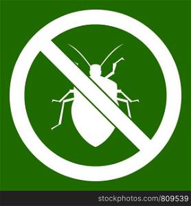 No bug sign icon white isolated on green background. Vector illustration. No bug sign icon green