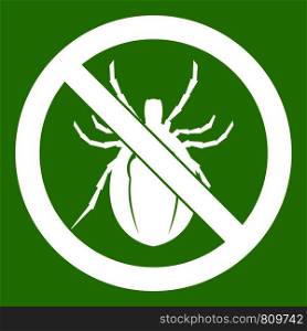 No bug sign icon white isolated on green background. Vector illustration. No bug sign icon green