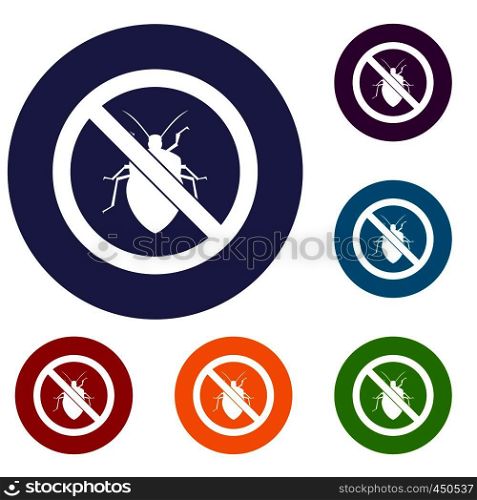 No bug sign icons set in flat circle reb, blue and green color for web. No bug sign icons set