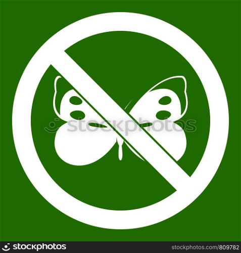 No butterfly sign icon white isolated on green background. Vector illustration. No butterfly sign icon green