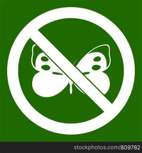 No butterfly sign icon white isolated on green background. Vector illustration. No butterfly sign icon green