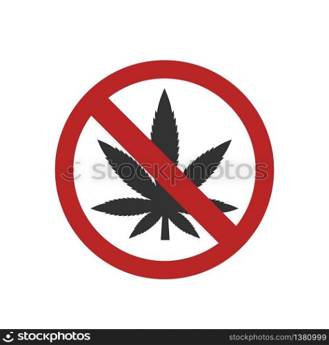 No cannabis sign red circle green leaf isolated on white background. Do not use marijuana. Vector stock.