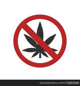 No cannabis sign red circle green leaf isolated on white background. Do not use marijuana. Vector stock.