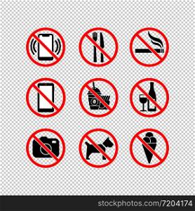 No cell phone, camera, ice cream, stop smoking, eating, no dogs, no drinking alcohol, fast food icon set in black and red. Forbidden symbol simple on isolated background. EPS 10 vector. No cell phone, camera, ice cream, stop smoking, eating, no dogs, no drinking alcohol, fast food icon set in black and red. Forbidden symbol simple on isolated background. EPS 10 vector.