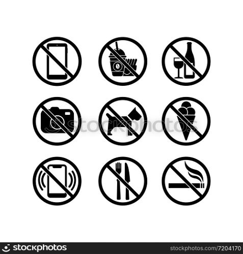 No cell phone, no camera, no ice cream, stop smoking, eating, dogs, drinking alcohol, fast food icon set in black. Forbidden symbol simple on isolated background. EPS 10 vector. No cell phone, no camera, no ice cream, stop smoking, eating, dogs, drinking alcohol, fast food icon set in black. Forbidden symbol simple on isolated background. EPS 10 vector.