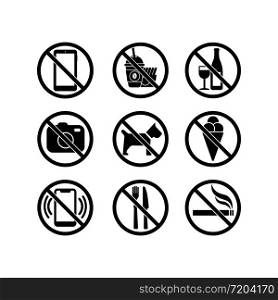 No cell phone, no camera, no ice cream, stop smoking, eating, dogs, drinking alcohol, fast food icon set in black. Forbidden symbol simple on isolated background. EPS 10 vector. No cell phone, no camera, no ice cream, stop smoking, eating, dogs, drinking alcohol, fast food icon set in black. Forbidden symbol simple on isolated background. EPS 10 vector.