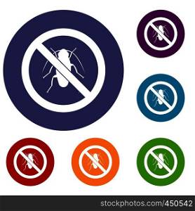 No cockroach sign icons set in flat circle reb, blue and green color for web. No cockroach sign icons set