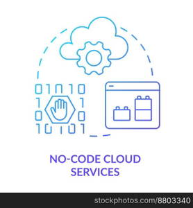 No-code cloud services blue gradient concept icon. Data storage. Cloud computing trends. Digital platforms abstract idea thin line illustration. Isolated outline drawing. Myriad Pro-Bold font used. No-code cloud services blue gradient concept icon