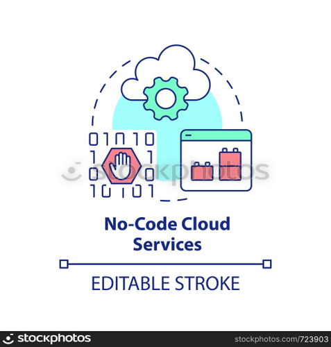 No-code cloud services concept icon. Data storage. Cloud computing trends abstract idea thin line illustration. Isolated outline drawing. Editable stroke. Arial, Myriad Pro-Bold fonts used. No-code cloud services concept icon