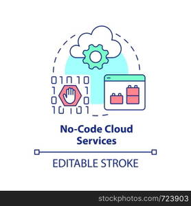 No-code cloud services concept icon. Data storage. Cloud computing trends abstract idea thin line illustration. Isolated outline drawing. Editable stroke. Arial, Myriad Pro-Bold fonts used. No-code cloud services concept icon