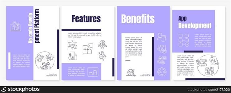 No code platforms purple brochure template. Web 3 0. Booklet print design with linear icons. Vector layouts for presentation, annual reports, ads. Anton-Regular, Lato-Regular fonts used. No code platforms purple brochure template