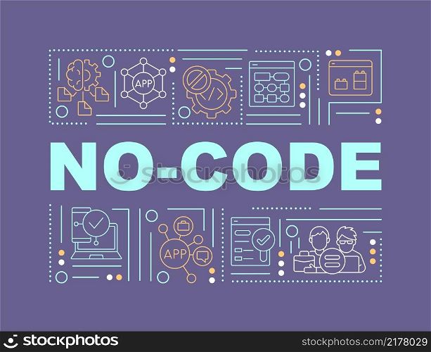 No code word concepts purple banner. Web 3 0 solutions for apps Infographics with linear icons on background. Isolated typography. Vector color illustration with text. Arial-Black font used