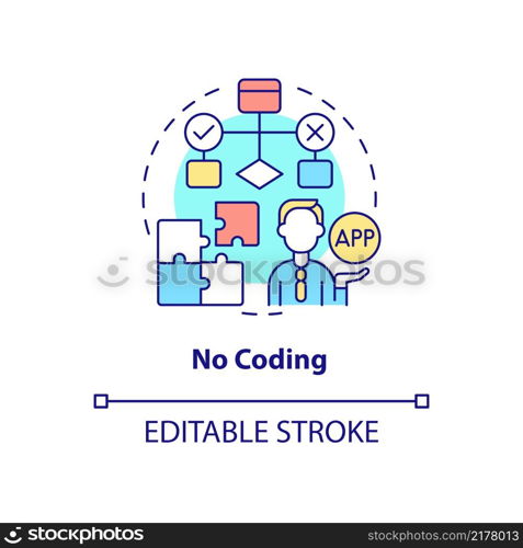 No coding concept icon. Build platform with low code requirements. Web 3 0 abstract idea thin line illustration. Isolated outline drawing. Editable stroke. Arial, Myriad Pro-Bold fonts used. No coding concept icon