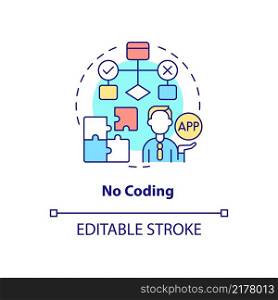 No coding concept icon. Build platform with low code requirements. Web 3 0 abstract idea thin line illustration. Isolated outline drawing. Editable stroke. Arial, Myriad Pro-Bold fonts used. No coding concept icon