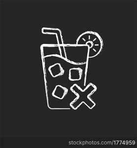 No cold drinks chalk white icon on dark background. Avoid iced drinks during summer heat. No chilled beverage. Sunstroke prevention in hot weather. Isolated vector chalkboard illustration on black. No cold drinks chalk white icon on dark background