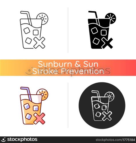 No cold drinks icon. Avoid iced drinks during summer heat. No chilled beverage. Sunstroke prevention in hot weather. Linear black and RGB color styles. Isolated vector illustrations. No cold drinks icon