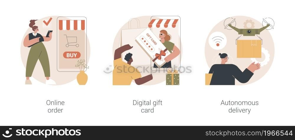 No contact order and delivery abstract concept vector illustration set. Online order, digital gift card, autonomous delivery, buying goods on internet, certificate online, drone use abstract metaphor.. No contact order and delivery abstract concept vector illustrations.