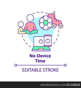 No device time concept icon. Limit time with gadgets. Quality time together abstract idea thin line illustration. Isolated outline drawing. Editable stroke. Arial, Myriad Pro-Bold fonts used. No device time concept icon