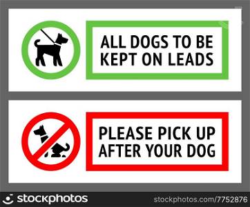 No dog fouling, or dogs kept on a lead labels, new vector illustration. No dog fouling, or dogs kept on a lead