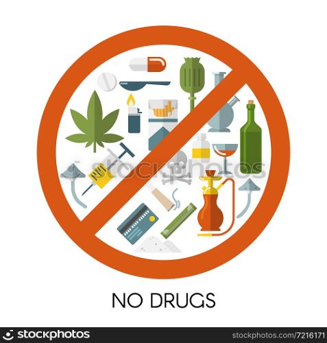 No drugs composition with isolated colored icon set red prohibition sign and title no drugs vector illustration. No Drugs Composition